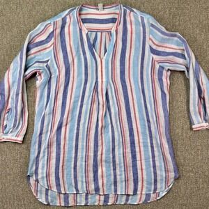 L.L. Bean Linen Tunic Shirt Womens XL Blue Red White Stripe Coastal Top